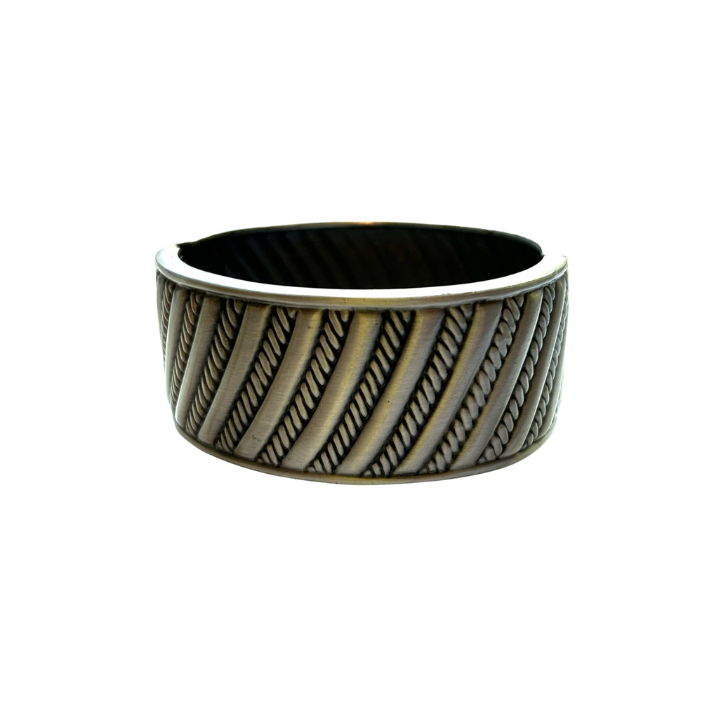 Vintage Silvertone Textured Diagonal Striped Wide Band Bracelet, Hinged